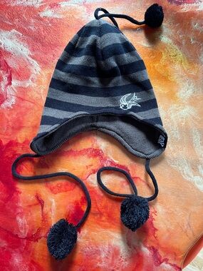 Sourpuss Black and Gray Striped Earflap Pom Pom Beanie Hat